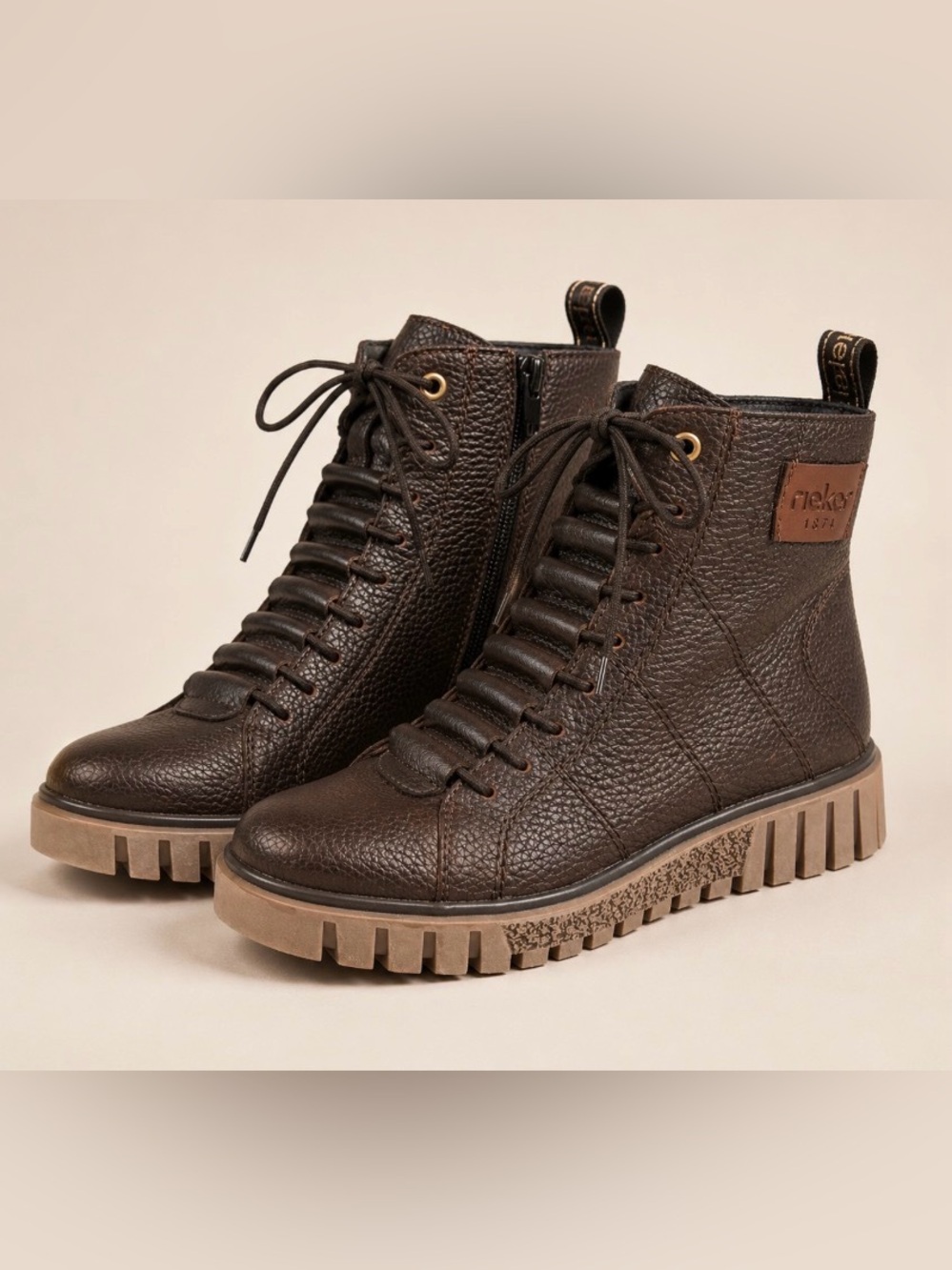Rieker 1874 Brown Leather Lace Up Ankle Boots Lug Sole Size 8 / EU 37
